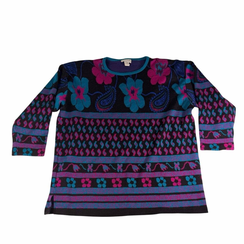 Vintage 80s The American Collection Sportswear Black Floral Paisley Knit Sweater